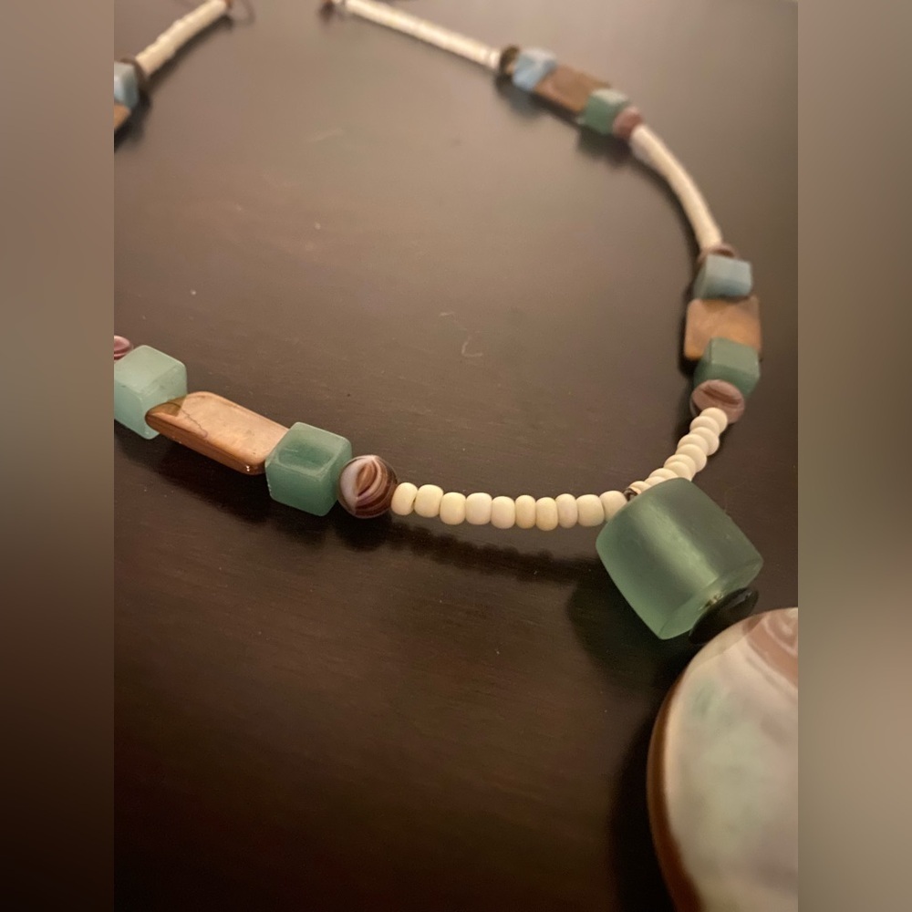 Agate Sea Glass Mother of Pearl Beaded Necklace | Artisan Statement Pendant - Picture 3 of 7